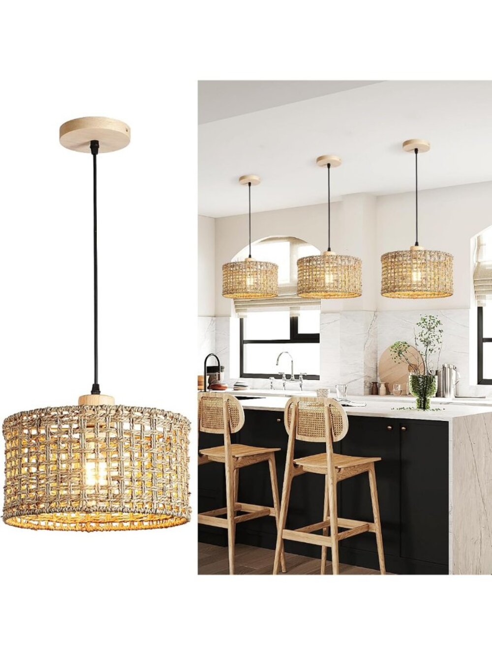 Hand-Woven Rattan Pendant Light for Kitchen Island | Boho Chic Home Decor